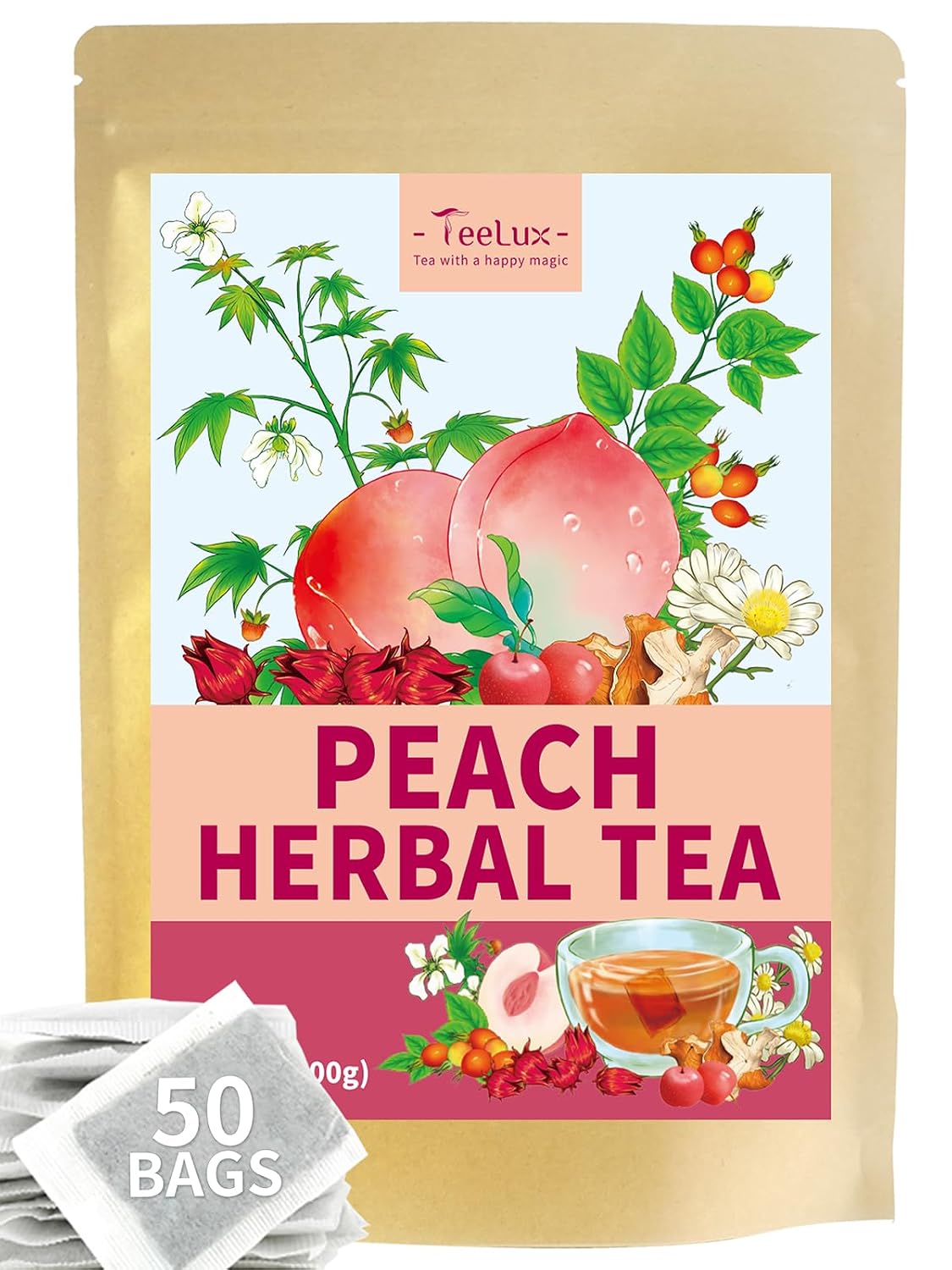 Peach Herbal Tea Bags, Fruity & Sweet Taste, Caffeine Free, 50 Count