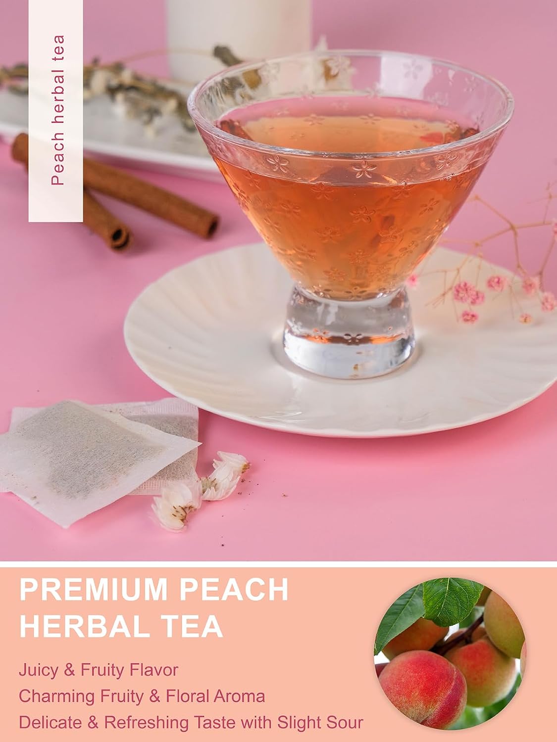 Peach Herbal Tea Bags, Fruity & Sweet Taste, Caffeine Free, 50 Count