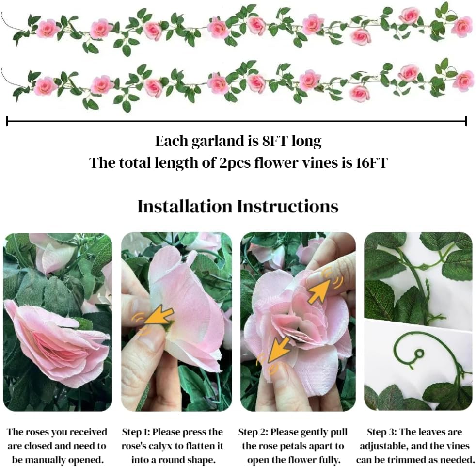 16Ft Artificial Rose Garland Vine (Pink/2PCS)