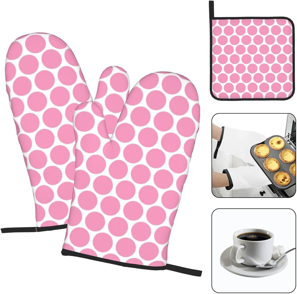 3PCS Oven Mitts and Pot Holders Sets, Light Pink Polka Dot Pattern Oven Mitts Set Heat Resistant Kitchen Microwave Gloves Safe for Baking,Cooking, BBQ