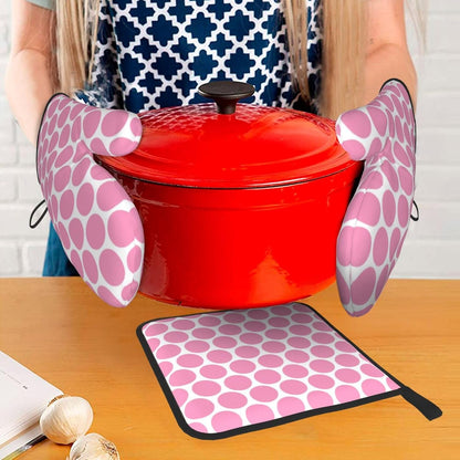 3PCS Oven Mitts and Pot Holders Sets, Light Pink Polka Dot Pattern Oven Mitts Set Heat Resistant Kitchen Microwave Gloves Safe for Baking,Cooking, BBQ