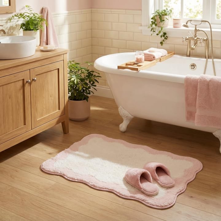 Waved Pink Bathroom Rug, 24" x 16", Cute Scalloped Bath Mat