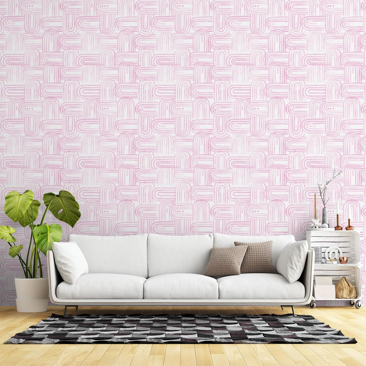 Boho Peel and Stick Wallpaper Modern Light Pink Contact Paper 17.3"x 1200" Self-Adhesive Removable Waterproof Geometric Wallpaper Vinyl Roll for Bathroom Bedroom Cabinets Décor