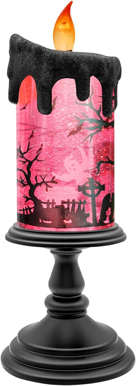 Halloween Snow Globe Candle with Pink Graveyard Scene – LED Flameless Candle with Water Glitter Swirls, Battery Operated Light Up Halloween Decoration for Indoor Tabletop or Mantel