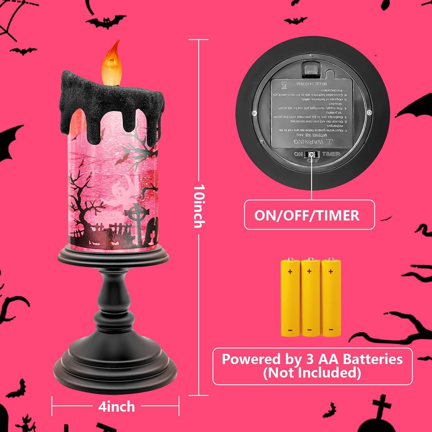 Halloween Snow Globe Candle with Pink Graveyard Scene – LED Flameless Candle with Water Glitter Swirls, Battery Operated Light Up Halloween Decoration for Indoor Tabletop or Mantel