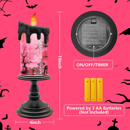 Halloween Snow Globe Candle with Pink Graveyard Scene – LED Flameless Candle with Water Glitter Swirls, Battery Operated Light Up Halloween Decoration for Indoor Tabletop or Mantel