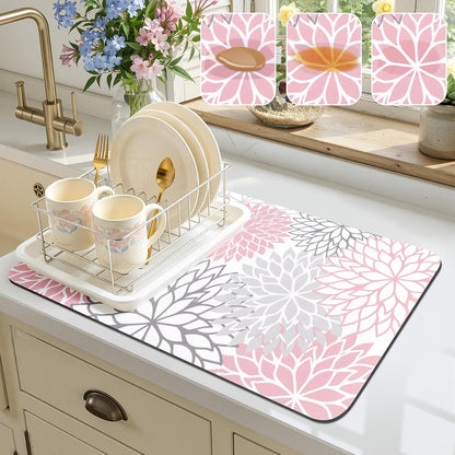 Dish Drying Mat, 12" x 20" Super Absorbent Dish Mat with Floral, Hide Stain Drying Mat for Kitchen Counter, Under Dish Rack, Coffee Maker, Espresso Machine, Pink