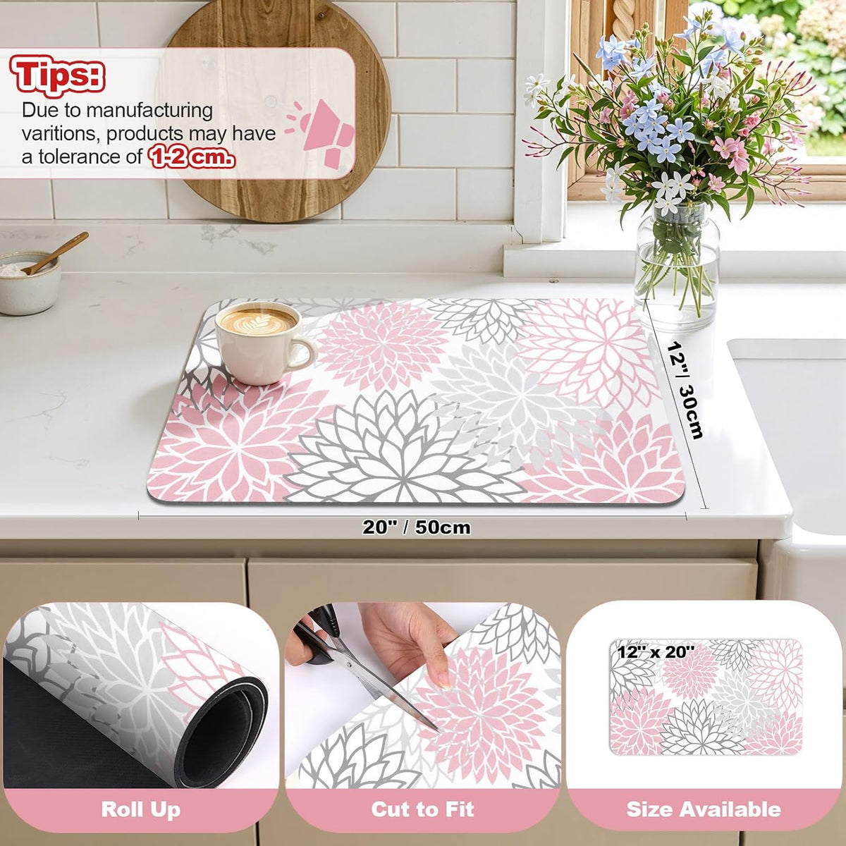 Dish Drying Mat, 12" x 20" Super Absorbent Dish Mat with Floral, Hide Stain Drying Mat for Kitchen Counter, Under Dish Rack, Coffee Maker, Espresso Machine, Pink
