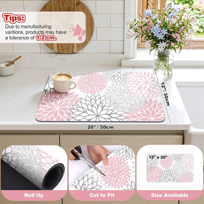 Dish Drying Mat, 12" x 20" Super Absorbent Dish Mat with Floral, Hide Stain Drying Mat for Kitchen Counter, Under Dish Rack, Coffee Maker, Espresso Machine, Pink