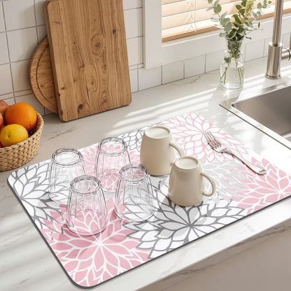 Dish Drying Mat, 12" x 20" Super Absorbent Dish Mat with Floral, Hide Stain Drying Mat for Kitchen Counter, Under Dish Rack, Coffee Maker, Espresso Machine, Pink