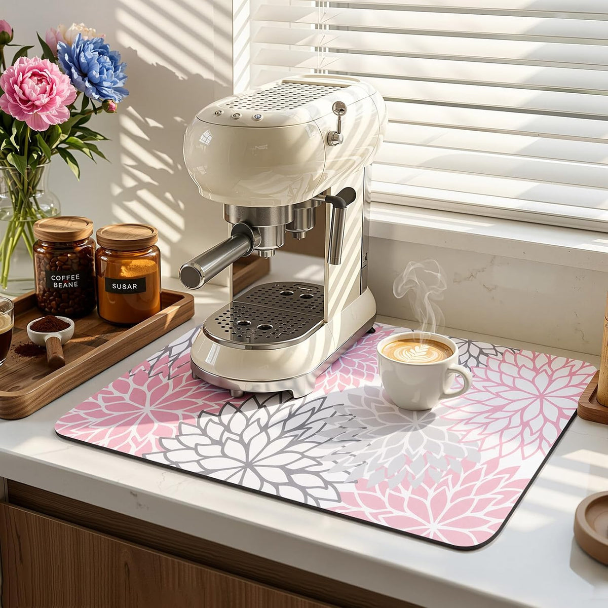 Dish Drying Mat, 12" x 20" Super Absorbent Dish Mat with Floral, Hide Stain Drying Mat for Kitchen Counter, Under Dish Rack, Coffee Maker, Espresso Machine, Pink