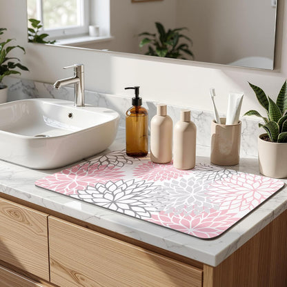 Dish Drying Mat, 12" x 20" Super Absorbent Dish Mat with Floral, Hide Stain Drying Mat for Kitchen Counter, Under Dish Rack, Coffee Maker, Espresso Machine, Pink