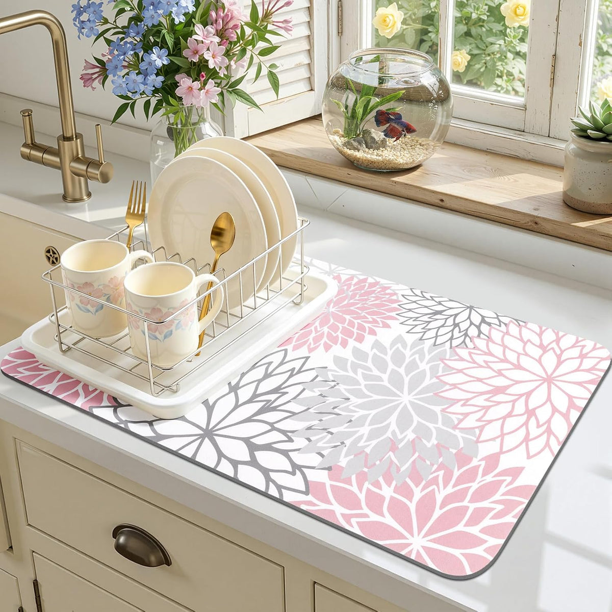 Dish Drying Mat, 12" x 20" Super Absorbent Dish Mat with Floral, Hide Stain Drying Mat for Kitchen Counter, Under Dish Rack, Coffee Maker, Espresso Machine, Pink