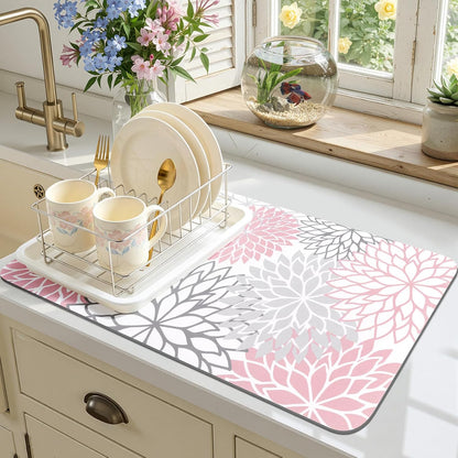 Dish Drying Mat, 12" x 20" Super Absorbent Dish Mat with Floral, Hide Stain Drying Mat for Kitchen Counter, Under Dish Rack, Coffee Maker, Espresso Machine, Pink