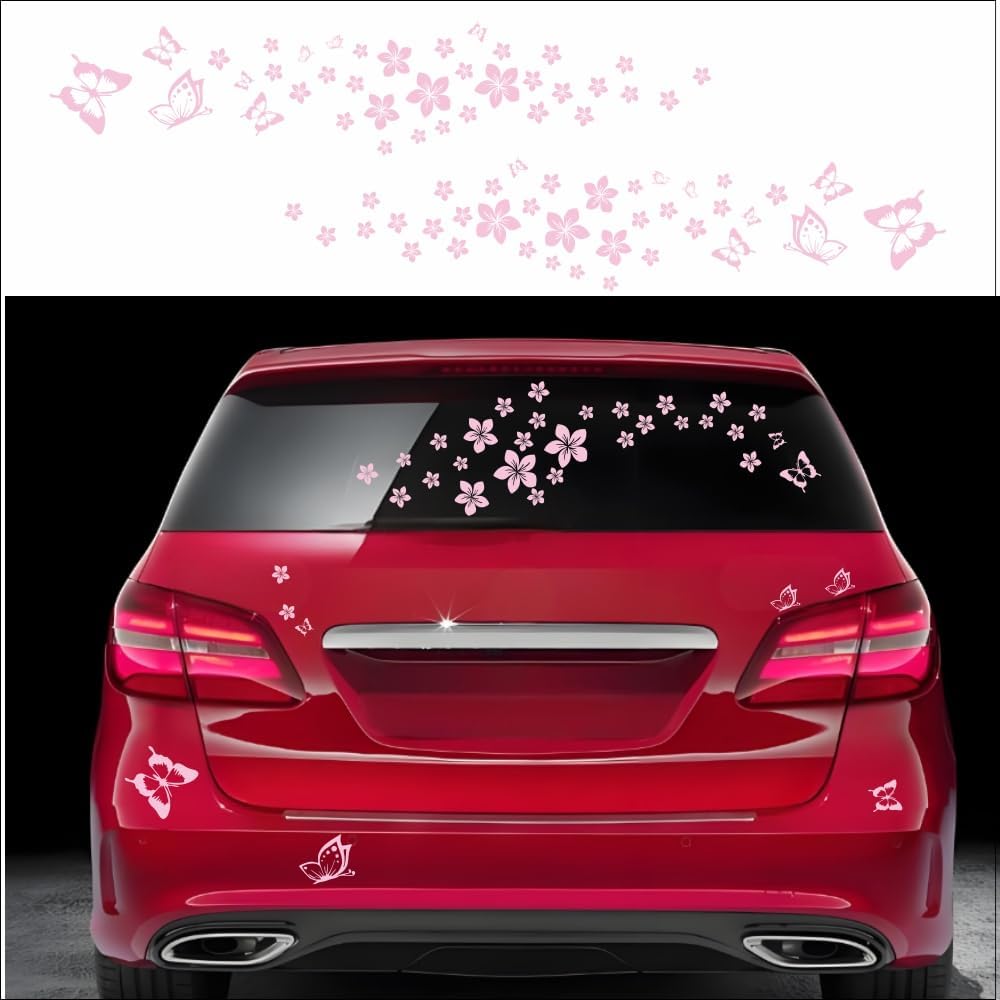 Butterfly Flower Graphic Car Sticker Fun DIY Waterproof Decal for car Door Hood Bumper Windows Motorcycle Laptop Doors and Windows Vinyl Accessories(Pink) 74PCS