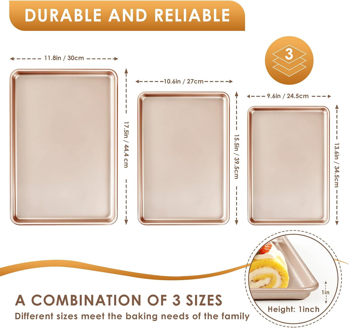 Baking Sheet Pan Set of 3, Nonstick Commercial Cookie Sheets for Baking