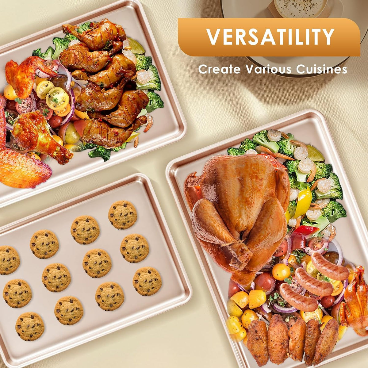 Baking Sheet Pan Set of 3, Nonstick Commercial Cookie Sheets for Baking