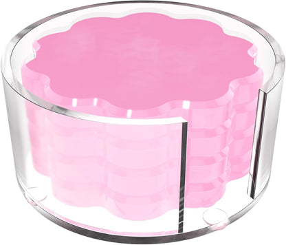 Scalloped Acrylic Drink Coaster Set 4‑Pack with Holder – Pink Minimalist Beverage Coasters, Non‑Slip Table Protector, Modern Housewarming Gift