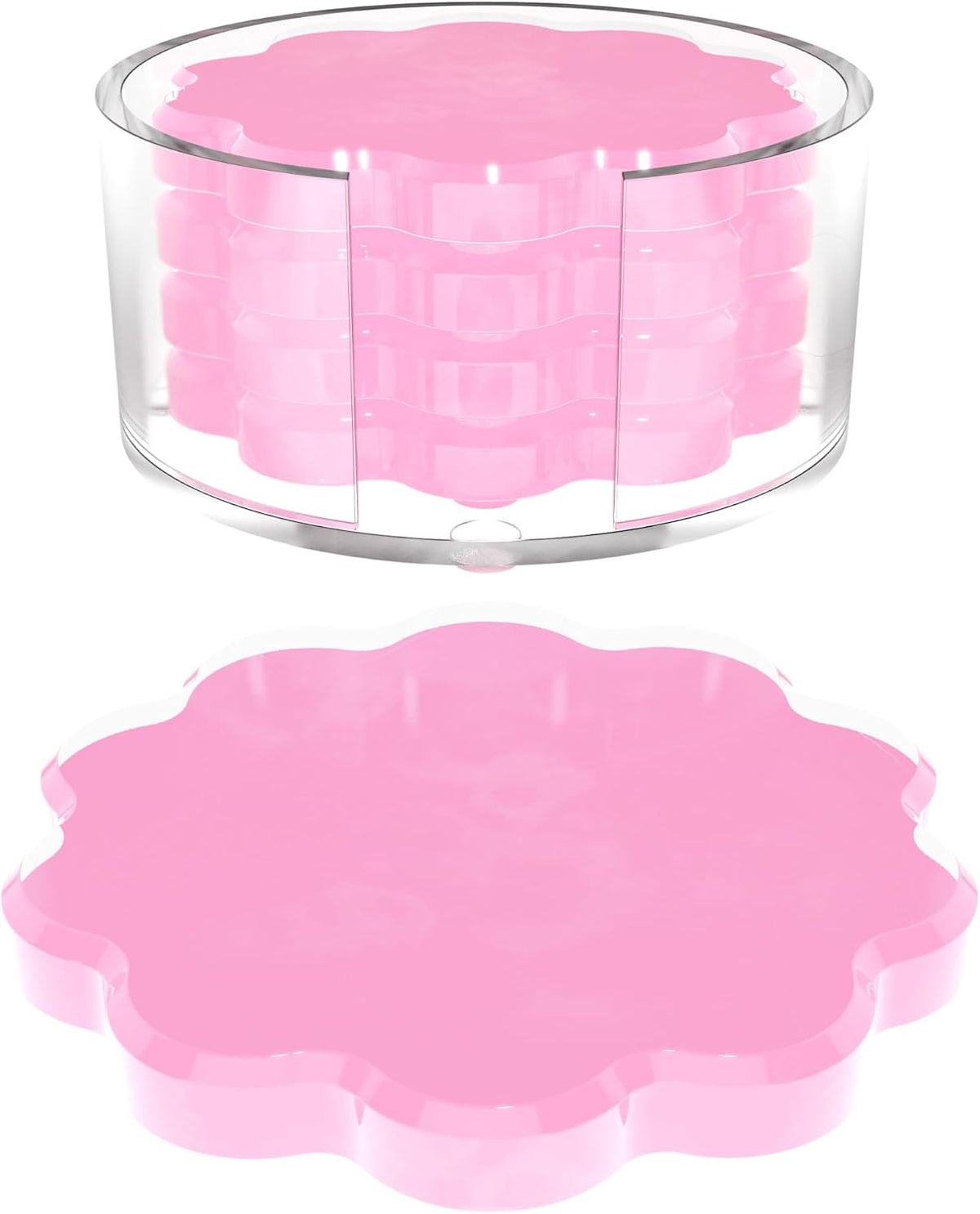 Scalloped Acrylic Drink Coaster Set 4‑Pack with Holder – Pink Minimalist Beverage Coasters, Non‑Slip Table Protector, Modern Housewarming Gift