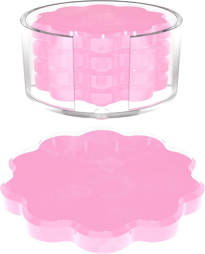 Scalloped Acrylic Drink Coaster Set 4‑Pack with Holder – Pink Minimalist Beverage Coasters, Non‑Slip Table Protector, Modern Housewarming Gift
