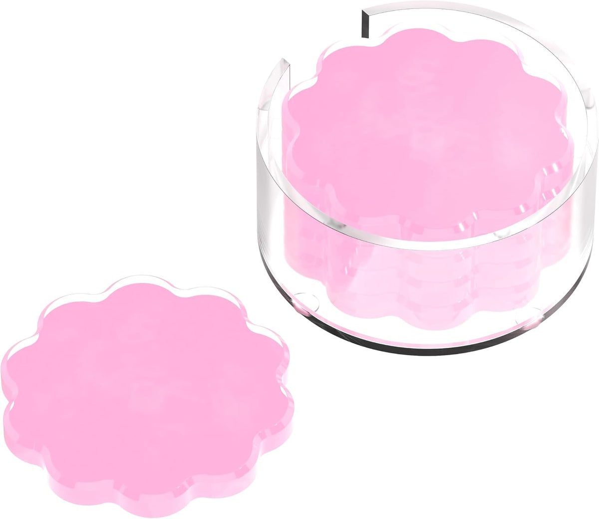 Scalloped Acrylic Drink Coaster Set 4‑Pack with Holder – Pink Minimalist Beverage Coasters, Non‑Slip Table Protector, Modern Housewarming Gift