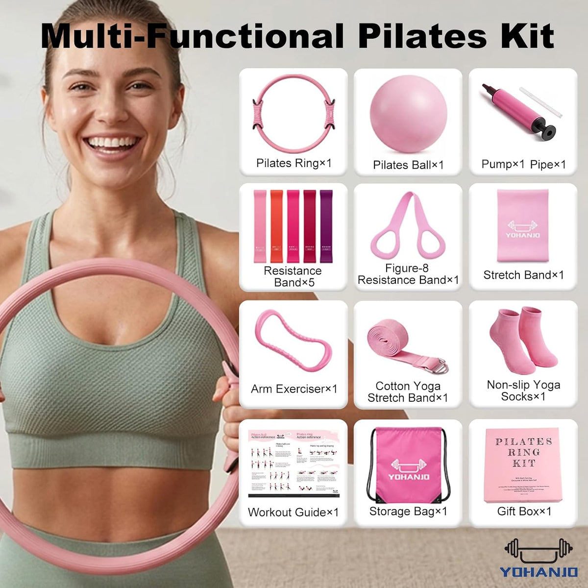 14PCS Pilates Kit for Women,Pilates Circle with TPR-Handle