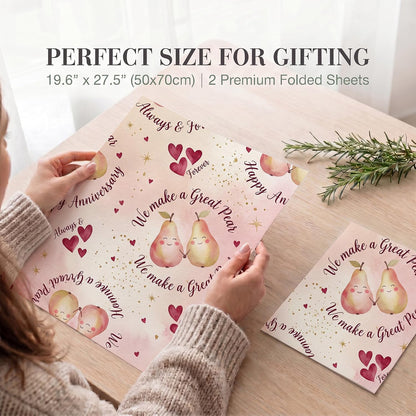 Watercolor Pink Pear Fruit Wrapping Paper, 19.6 x 27.5 in, 2 Pack | 120gsm pink pear paper for anniversaries, couples, Valentines Day, birthdays and romantic gifts