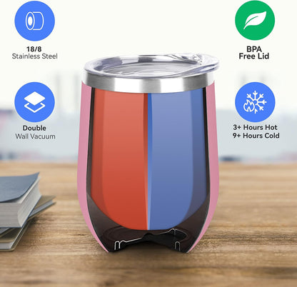 DOMICARE Stainless Steel Wine Tumbler Bulk with Lid, Personalized Insulated Tumblers Set, 12oz Travel Coffee Cups Pack of 8, Pink