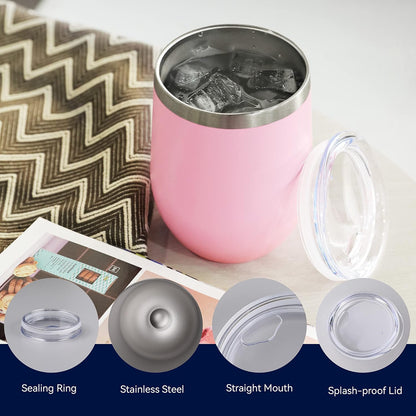 DOMICARE Stainless Steel Wine Tumbler Bulk with Lid, Personalized Insulated Tumblers Set, 12oz Travel Coffee Cups Pack of 8, Pink