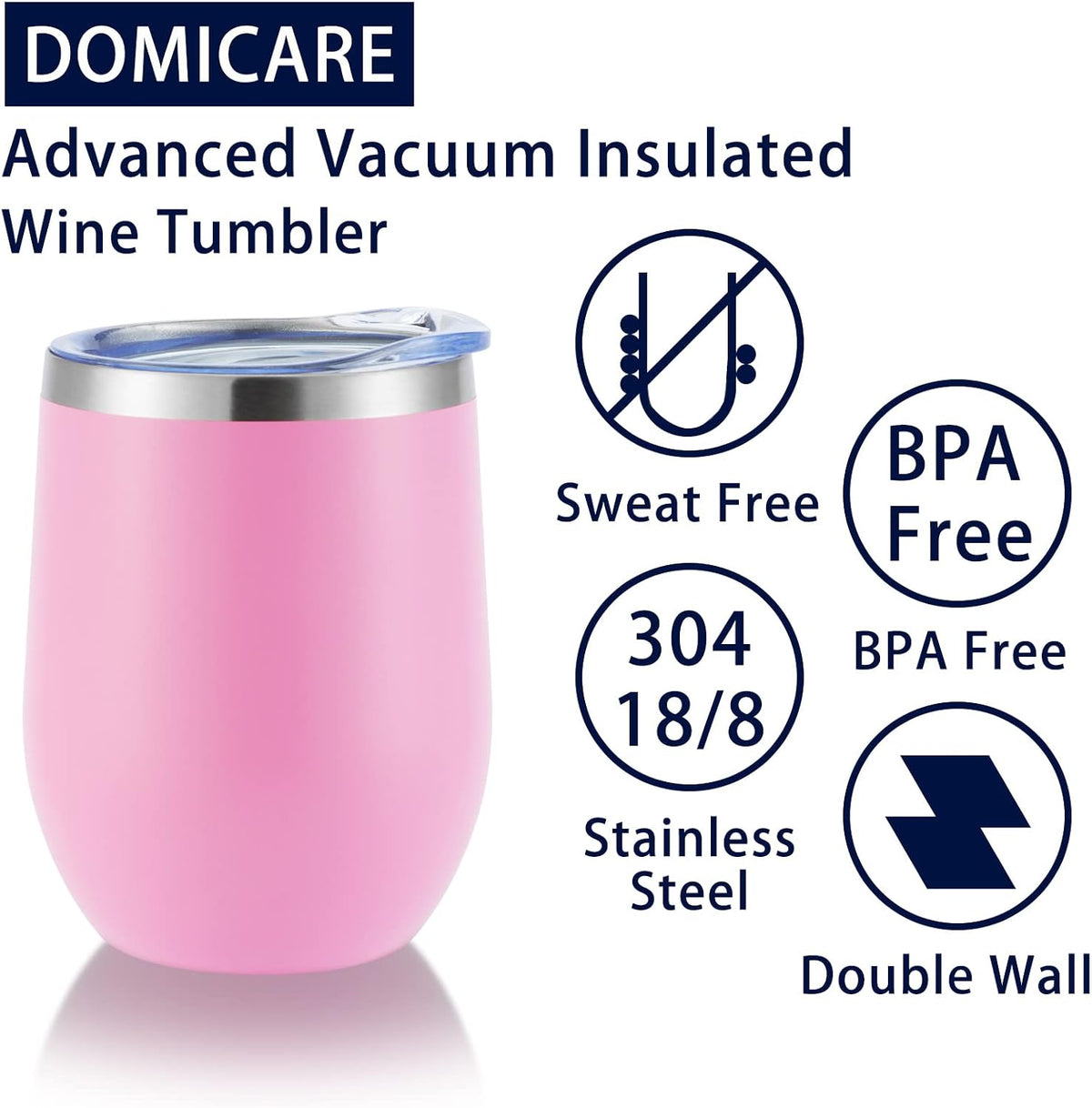 DOMICARE Stainless Steel Wine Tumbler Bulk with Lid, Personalized Insulated Tumblers Set, 12oz Travel Coffee Cups Pack of 8, Pink
