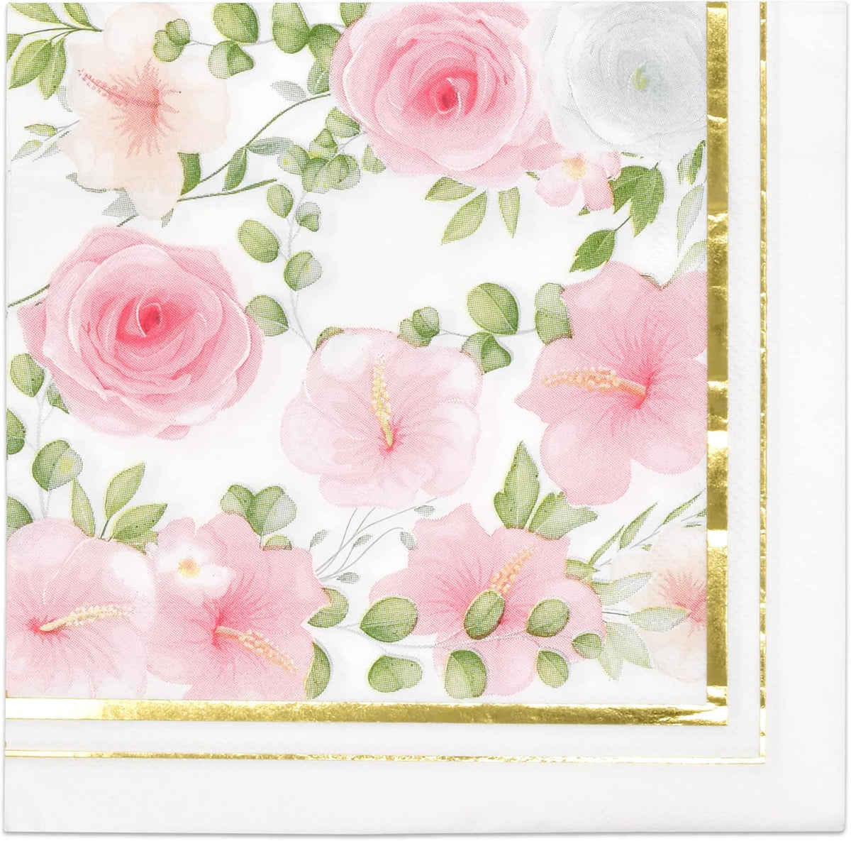 100 Pink Floral Luncheon Napkins Gold Foil Trim 3 Ply Disposable Paper Napkins Elegant Garden Tea Party Wedding Baby Shower Tableware