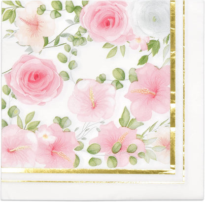 100 Pink Floral Luncheon Napkins Gold Foil Trim 3 Ply Disposable Paper Napkins Elegant Garden Tea Party Wedding Baby Shower Tableware