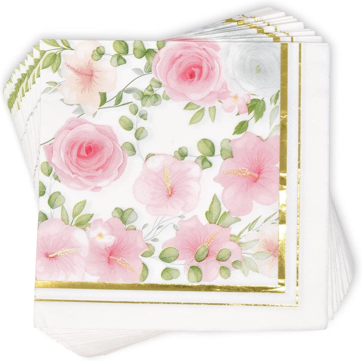 100 Pink Floral Luncheon Napkins Gold Foil Trim 3 Ply Disposable Paper Napkins Elegant Garden Tea Party Wedding Baby Shower Tableware