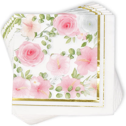 100 Pink Floral Luncheon Napkins Gold Foil Trim 3 Ply Disposable Paper Napkins Elegant Garden Tea Party Wedding Baby Shower Tableware