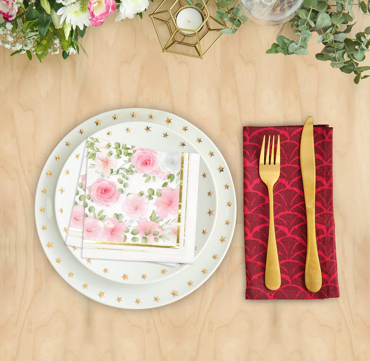 100 Pink Floral Luncheon Napkins Gold Foil Trim 3 Ply Disposable Paper Napkins Elegant Garden Tea Party Wedding Baby Shower Tableware