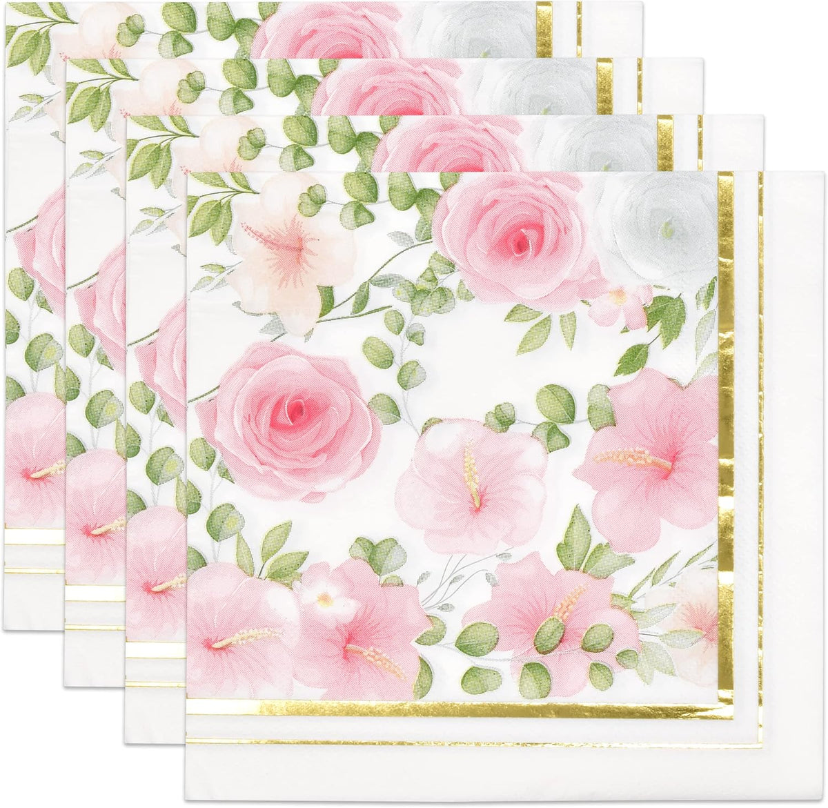 100 Pink Floral Luncheon Napkins Gold Foil Trim 3 Ply Disposable Paper Napkins Elegant Garden Tea Party Wedding Baby Shower Tableware