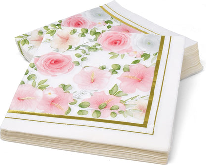 100 Pink Floral Luncheon Napkins Gold Foil Trim 3 Ply Disposable Paper Napkins Elegant Garden Tea Party Wedding Baby Shower Tableware
