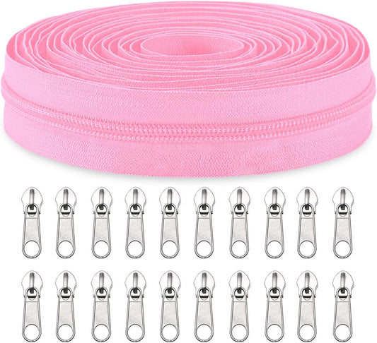 Sawoake #3 Nylon Coil Zippers by The Yard Bulk 10 Yards with 20pcs Sliders for DIY Sewing Tailor Craft Bag Garment Home Textile…(Pink)