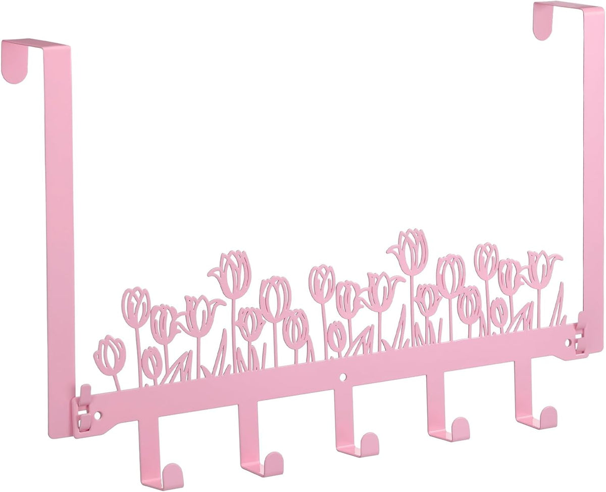 Pink Tulip Over The Door Hooks Wall Mount Towel Hanger Cute Door Holder Rack with 5 Hooks Hanging Towel, Coat Keys, Bags, Hats, Clothes for Bedroom Bathroom Kitchen Dorm Room Organizer