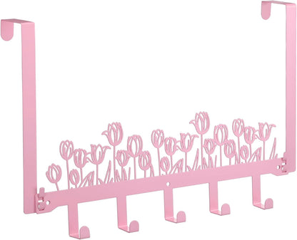 Pink Tulip Over The Door Hooks Wall Mount Towel Hanger Cute Door Holder Rack with 5 Hooks Hanging Towel, Coat Keys, Bags, Hats, Clothes for Bedroom Bathroom Kitchen Dorm Room Organizer