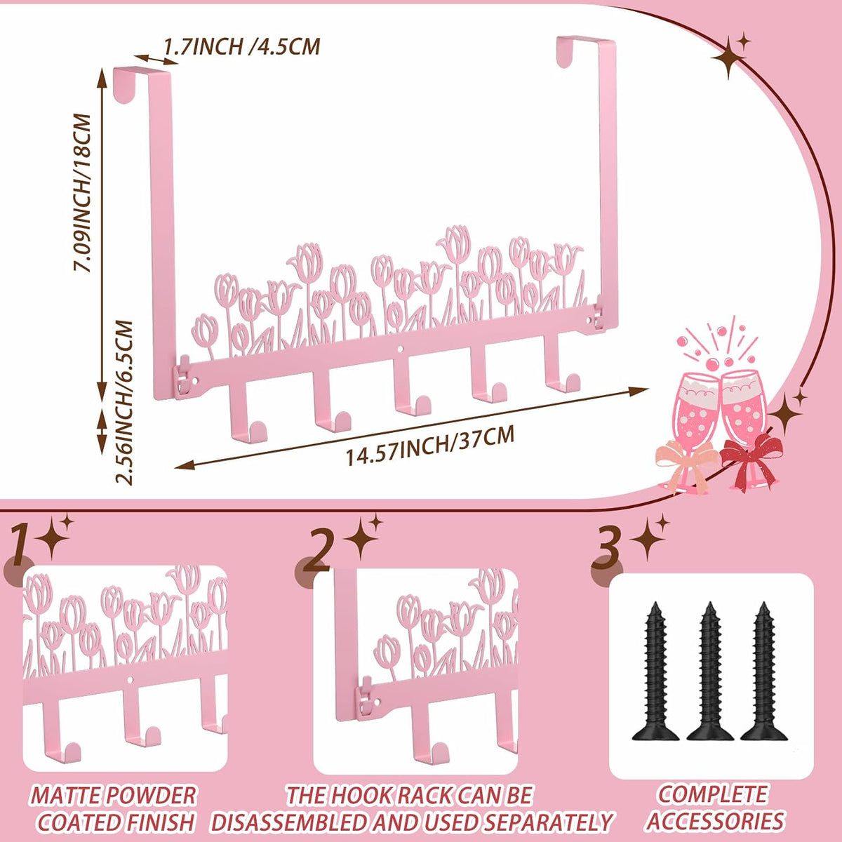 Pink Tulip Over The Door Hooks Wall Mount Towel Hanger Cute Door Holder Rack with 5 Hooks Hanging Towel, Coat Keys, Bags, Hats, Clothes for Bedroom Bathroom Kitchen Dorm Room Organizer