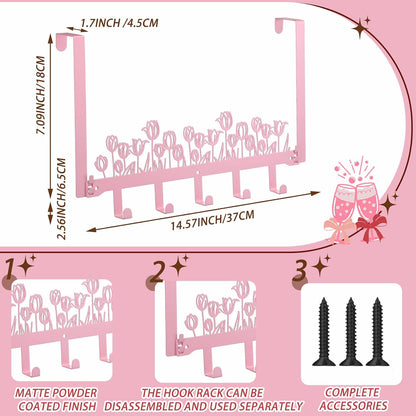 Pink Tulip Over The Door Hooks Wall Mount Towel Hanger Cute Door Holder Rack with 5 Hooks Hanging Towel, Coat Keys, Bags, Hats, Clothes for Bedroom Bathroom Kitchen Dorm Room Organizer