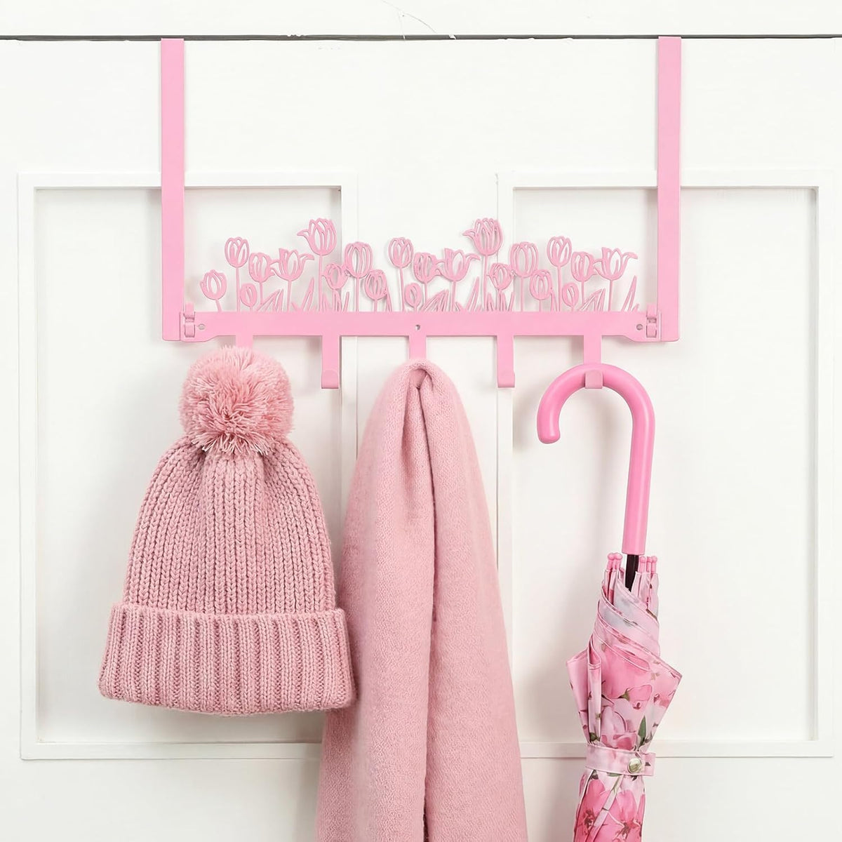 Pink Tulip Over The Door Hooks Wall Mount Towel Hanger Cute Door Holder Rack with 5 Hooks Hanging Towel, Coat Keys, Bags, Hats, Clothes for Bedroom Bathroom Kitchen Dorm Room Organizer