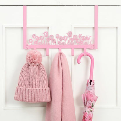 Pink Tulip Over The Door Hooks Wall Mount Towel Hanger Cute Door Holder Rack with 5 Hooks Hanging Towel, Coat Keys, Bags, Hats, Clothes for Bedroom Bathroom Kitchen Dorm Room Organizer