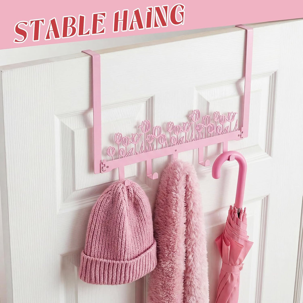 Pink Tulip Over The Door Hooks Wall Mount Towel Hanger Cute Door Holder Rack with 5 Hooks Hanging Towel, Coat Keys, Bags, Hats, Clothes for Bedroom Bathroom Kitchen Dorm Room Organizer