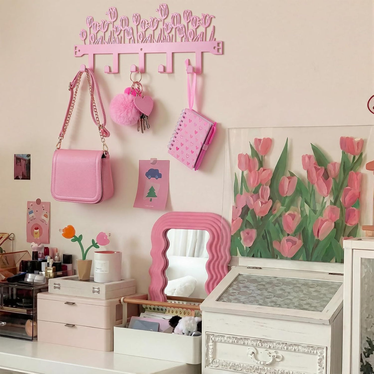 Pink Tulip Over The Door Hooks Wall Mount Towel Hanger Cute Door Holder Rack with 5 Hooks Hanging Towel, Coat Keys, Bags, Hats, Clothes for Bedroom Bathroom Kitchen Dorm Room Organizer
