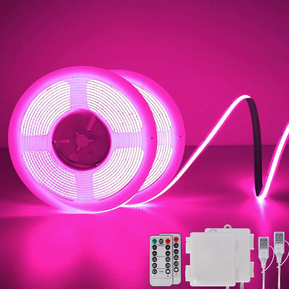 OMIKA Pink 6.56FT COB LED Strip Lights Battery Powered, Natural White Light Strip with Remote Control Dimmable Flexible Cuttable Tape Lights for Cabinet Shelves Bedroom (2 Pack)