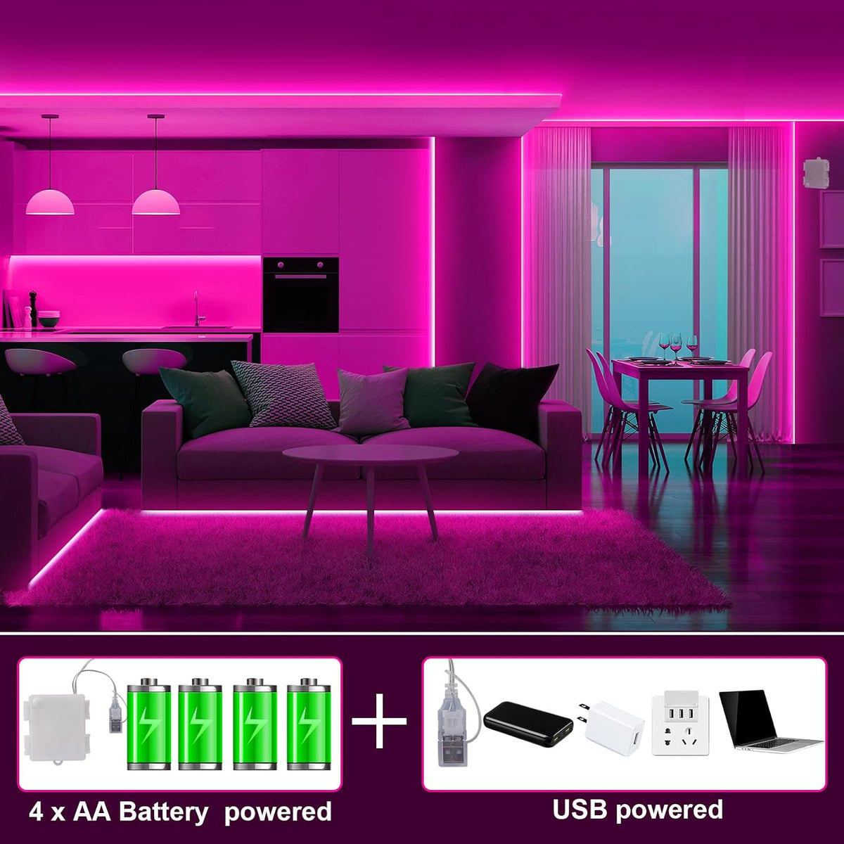 OMIKA Pink 6.56FT COB LED Strip Lights Battery Powered, Natural White Light Strip with Remote Control Dimmable Flexible Cuttable Tape Lights for Cabinet Shelves Bedroom (2 Pack)