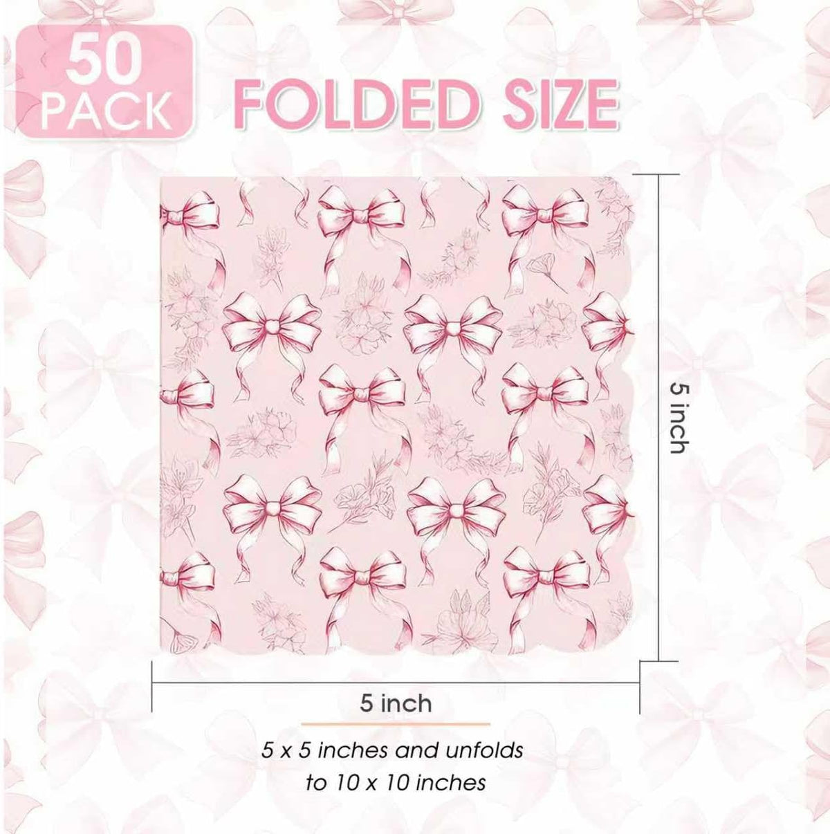 50PCS Pink Bow Napkins Scalloped Disposable Paper Coquette Bow Cocktail Napkins for Girls Birthday, Baby Shower, Bridal Shower, Wedding,Bachelorette Party Table Decorations