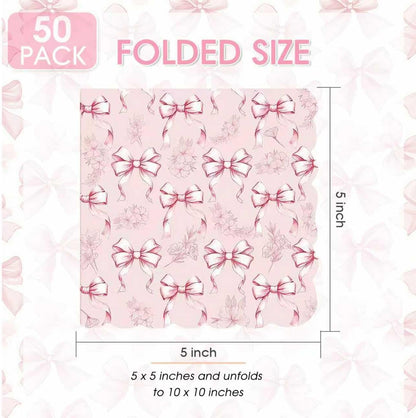 50PCS Pink Bow Napkins Scalloped Disposable Paper Coquette Bow Cocktail Napkins for Girls Birthday, Baby Shower, Bridal Shower, Wedding,Bachelorette Party Table Decorations